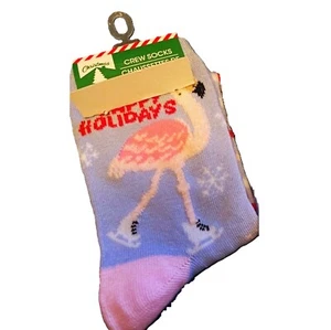 Funky Ice Skating Skater PINK FLAMINGO CREW SOCKS Happy Holidays Winter Theme - Picture 1 of 3