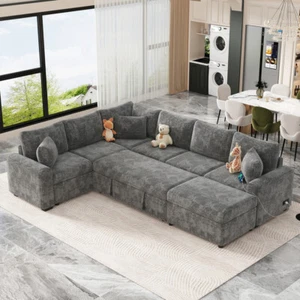 Sectional Sofa Pull out Sofa Bed Sleeper with a Storage Ottoman, Three Pillows - Picture 1 of 48