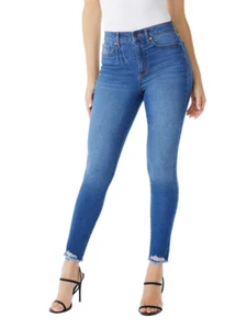 Pantalones de mezclilla para mujer Sofia Vergara rosa tiro súper alto curvilíneo ajustados dobladillo destruido azul - Imagen 1 de 8