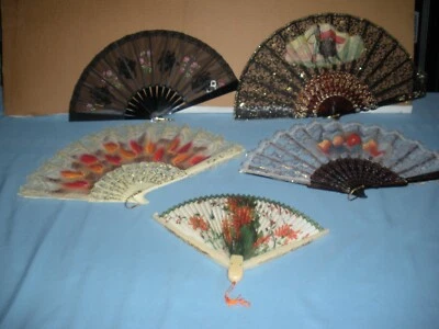 Lot of Five Unique Vintage Plastic and Paper Beautiful Hand Fans - Image 1 of 4