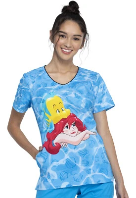 Little Mermaid Cherokee Scrubs Tooniforms Disney V Neck Top TF626 LMFL - Image 1 of 4