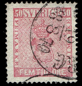 SWEDEN - 1858 - COAT OF ARMS - 50o Rose - Sc #12 - Used VF - CV $84 - Picture 1 of 2