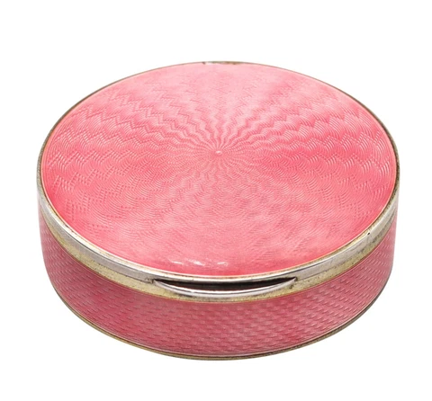 German Pforzheim 1910 Guilloche Pink Enamel Round Box In .935 Sterling Silver Cover