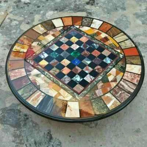 Marble Chess Board Game Table Top / Round Chess Table Handmade Inlay Mosaic Work - Picture 1 of 5