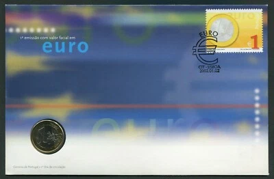 Portugal 2002.01.02. 1€ First Day of Circulation KM#746 Bi-Metallic BU in Cover - Image 1 of 4
