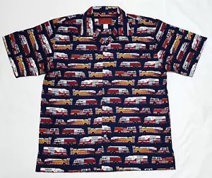 Fire Dept Hawaiian Shirt Mens XL Blue Trucks Rescue Ladder Firefighter KIMOSHAN - Picture 1 of 5