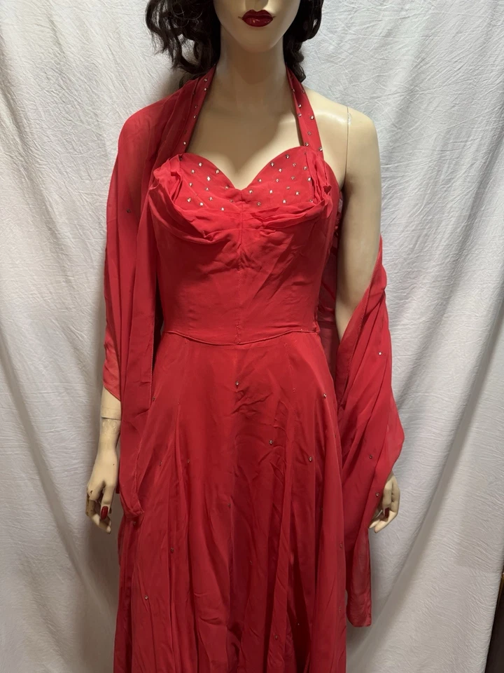 Vestido de Colección Años 40-50 Emma Domb Rojo Estrás Vestido Con Mantón Talla Mediana Foto 1 de 4