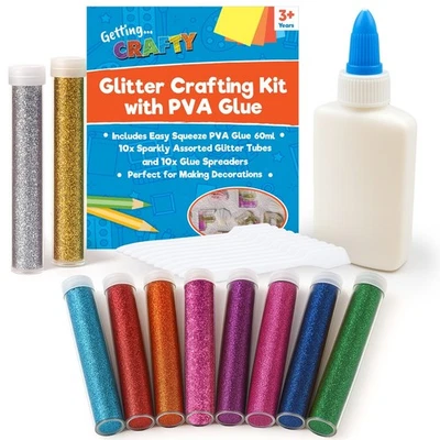 10 Assorted Colours Tubes Glitter Glue with PVA & Glue Spreader Arts Crafts Kids - Image 1 of 4