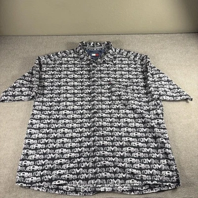 Vintage Tommy Jeans Shirt Mens 2XL Black White All Over Logo Short Sleeve Button - Imagem 1 de 4