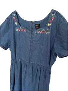 Erika 90er Jeans Pullover Kleid Damen Gr. XL Blumenstickerei Vintage Taschen - Bild 1 von 4
