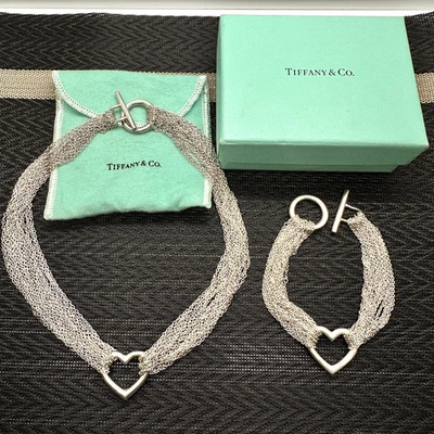 TIFFANY & Co STERLING SILVER MULTISTRAND TOGGLE OPEN HEART SET NECKLACE BRACELET - Image 1 of 4