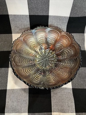 Cuenco de vidrio vintage de carnaval verde cola de pavo real Fenton 6 pulgadas Foto 1 de 4