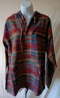 Unisex Guatemalan Cotton Hoodie Multi-Color Vintage Ikat Corte Fabric Pullover L - Image 1 of 4