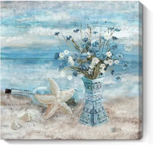 Bathroom Decor Wall Art Blue Beach Picture Ocean Theme Flower Canvas Print - Picture 1 of 12