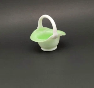 Vintage Small Cased White Green Art Glass Basket Applied Handle 3 1/2 In Easter - Picture 1 of 14