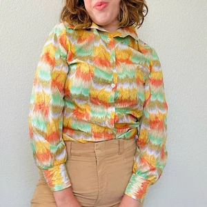 Vintage 70s psychedelic marble print dagger collar orange green disco shirt S-M - Picture 1 of 11