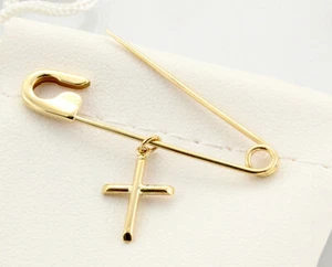 14K Gelbgold Sicherheitsnadel mit Kreuz zur Taufe Taufe 1,25" lang - Bild 1 von 3