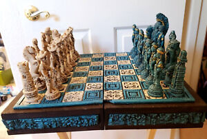 Vtg Mayan/Aztec Conquistador Chess Set Complete Folds to Store Turquoise & White