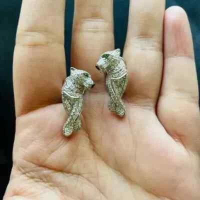 2.80 Ct Round Simulated Diamond Panther Stud/Hoop Earring 14k White Gold Plated - Image 1 of 4