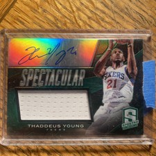 2013-14 Spectra Thaddeus Young Spectacular Green Prizm GU Jersey Auto #0158/199