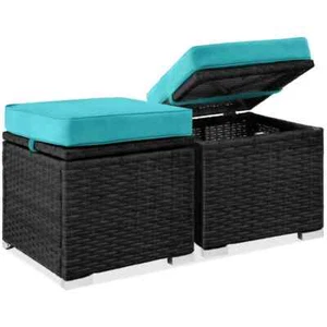 Black Wicker Outdoor Ottomans Storage Box Footstool with Removable Teal Cushions - Picture 1 of 7