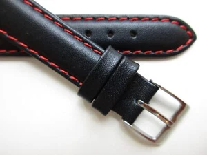 Black "red stitched" 16 MM leather watch band strap - Picture 1 of 5
