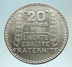 1934 FRANCE Authentic Large Silver 20 Francs Vintage French MOTTO Coin i76819 - Picture 1 of 3