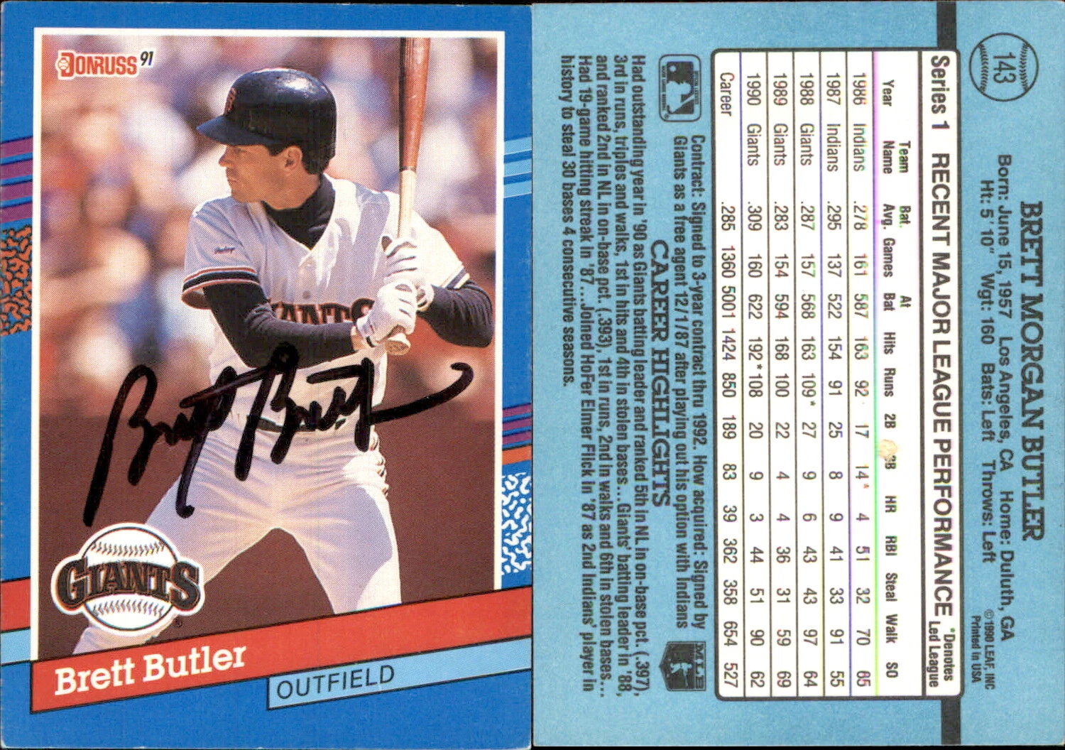 Brett Butler Signed 1991 Donruss #143a Card San Francisco Giants Auto AU