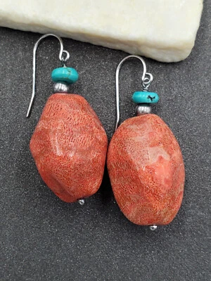 Chunky Red Coral & Turquoise 925 Sterling Silver Bead Southwest Dangle Earrings - Image 1 of 4
