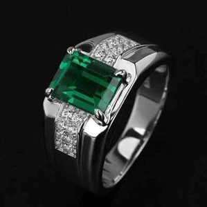 3Ct Emerald Cut Lab-Created Emerald Men's Wedding Ring 14k White Gold Plated - Picture 1 of 3