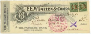 1900 Columbia City Indiana check w/revenues McNown Mfg Sideboards Cupboards - Imagen 1 de 2