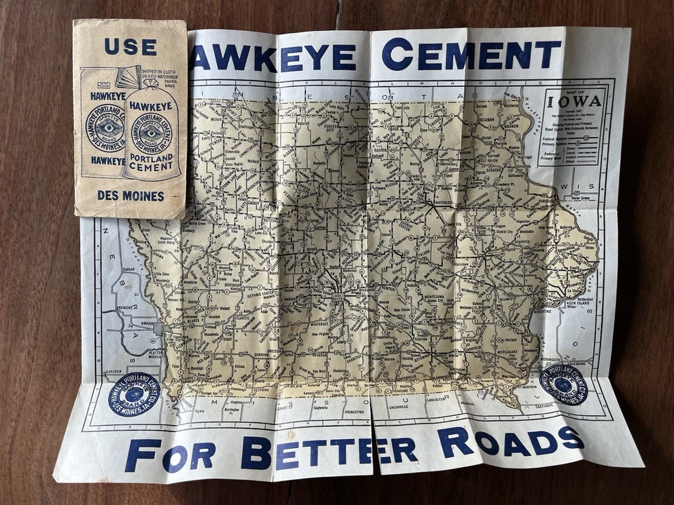 Mapa de ruta de Iowa 1927 - Hawkeye Portland Cement Co. Des Moines - Mapa publicitario Foto 1 de 4