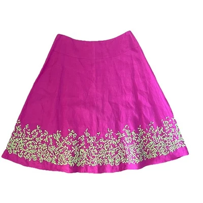 Lafayette 148 Skirt Women's 8 Pink 100% Linen Embroidered Beaded Midi Flare - Image 1 of 4