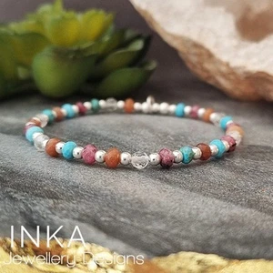 Inka 925 Sterling Silber & 4mm gemischtes Edelstein Perlen Armband mit Inka Charm - Bild 1 von 7