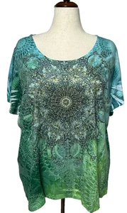 Catherines Top Womens 2X 22-24W Blue Green Rhinestone Boho Cottagecore Hippie - Picture 1 of 8
