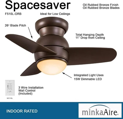 Ventilador abrazador Minka Aire F510L-ORB Spacesaver 26" LED bronce frotado con aceite montaje al ras Foto 1 de 4