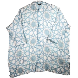 Eskandar Seljuk Tile Print Tunic Shirt 100% Italian Linen Size 1 Blue White - Picture 1 of 14
