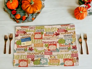 Tapestry Placemats 13" x 18" Harvest Autumn Fall Words Thanksgiving Set Of 2 - Picture 1 of 8
