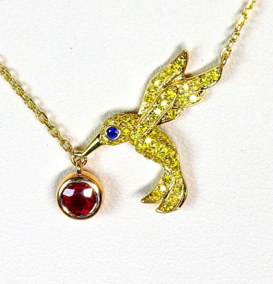 COLGANTE 18K, COLIBRÍ, PÁJARO, DIAMANTE AMARILLO DE LUJO, ZAFIRO RUBÍ Foto 1 de 4