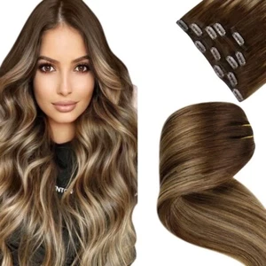 LaaVoo Clip en Extensiones de Cabello Humano Real Ombre Extensión de Cabello ClipIn Marrón - Imagen 1 de 7