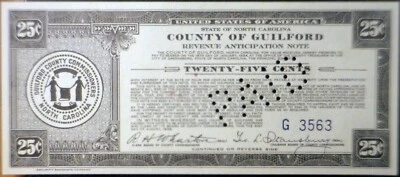 1933 Obsolete .25 Fractional CU Guilford North Carolina Note Currency  FREE SHIP - Image 1 of 2