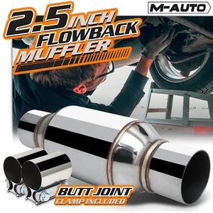 Chrome 12"Stainless Steel Round[EXHAUST MUFFLER+JOINT CLAMP]2.5"Inlet/Outlet Tip - Picture 1 of 10