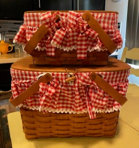 RARE VTG Unused Longaberger Red White Gingham Wood Woven Lid SET Picnic Baskets Cover