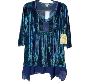 One World Samt Ausbrenner Tunika NEU Gr. XL 3/4 Arm blau grün Y2K Whimsygoth - Bild 1 von 15