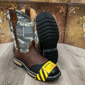 MEN'S SQUARE STEEL TOE WORK BOOTS GENUINE SOFT LEATHER COWBOY PULL ON BOTAS - Picture 1 of 54