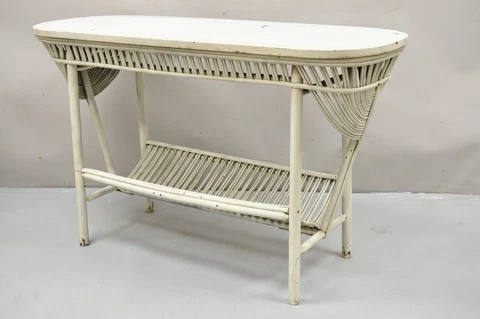 Antique Victorian Bentwood Sculptural Wicker Rattan Sunroom Console Hall Table Cover