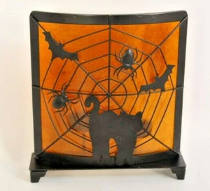 Halloween Black Metal Screen Double Tealight Holder Black Cat Spiders Bats - Picture 1 of 8