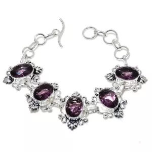 Purple Amethyst Gemstone Handmade 925 Sterling Silver Jewelry Bracelet Sz 7-8" - Picture 1 of 1