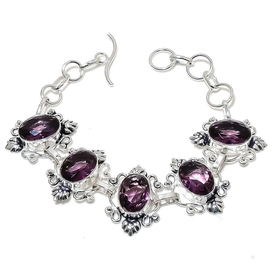 Purple Amethyst Gemstone Handmade 925 Sterling Silver Jewelry Bracelet Sz 7-8" - Image 1 of 1