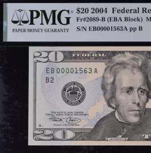 2004 $20 Federal Reserve Note PMG 64EPQ wanted popular low serial number 0001563 - Picture 1 of 3